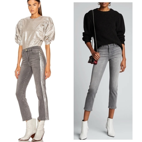 Frame Denim Le High Straight Metallic Silver Foil Tux Jeans Grey Size 25 NEW - Picture 1 of 13